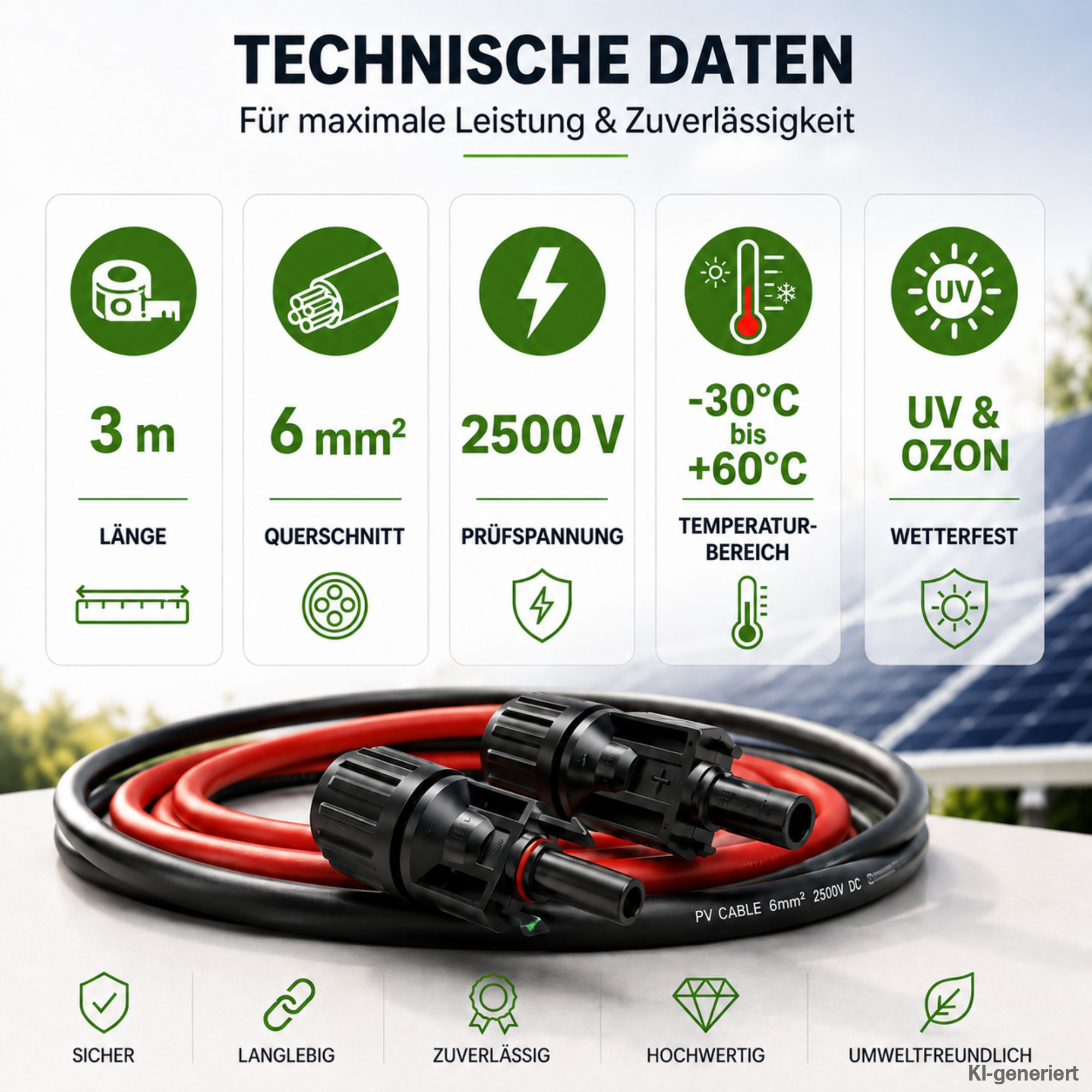 Technische Daten zu 3m 6mm Solarkabel mit Solarmodul im Hintergrund