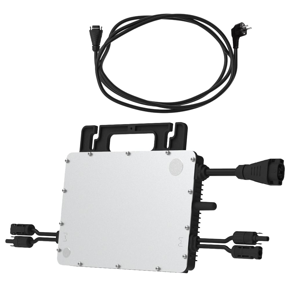 Schrägansicht des Hoymiles HMS-800W-2T Mikrowechslers mit passendem Anschlusskabel mit Schuko- und PV-Stecker in Draufsicht