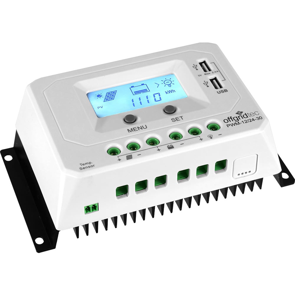 Schrägansicht: PWM Pro Solar-Laderegler mit Display, Anschlüssen und Montagelöchern